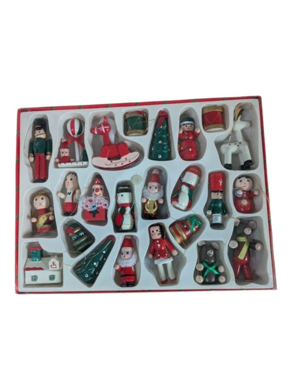 Vintage Danson Decor Miniature Wooden Painted Christmas Ornaments 24 Set Org Box